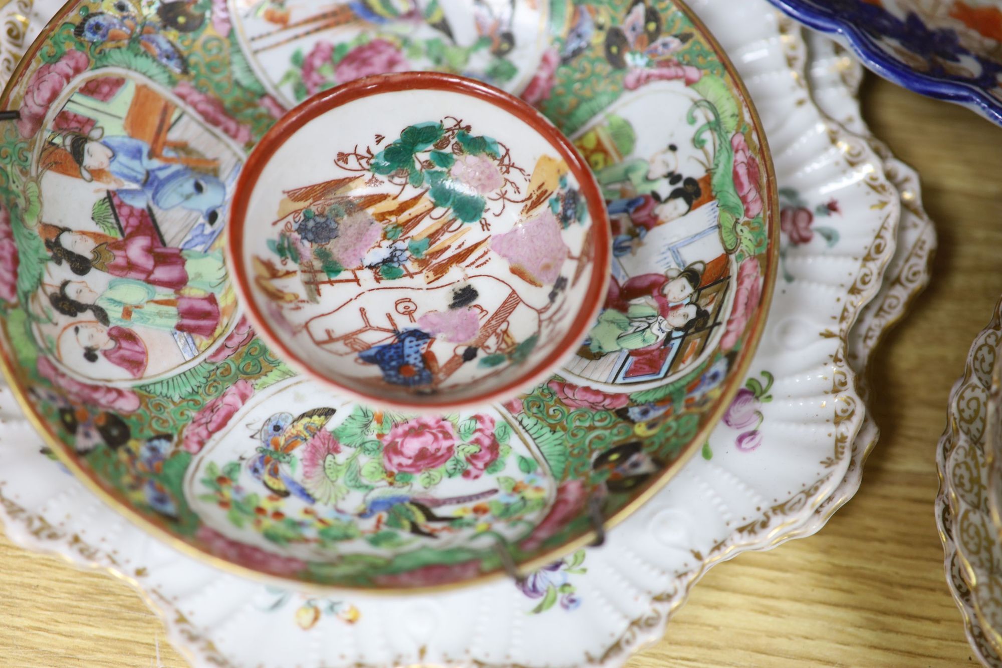 A group of Dresden tea wares and plates, a cloisonne enamel bowl , Cantonese and Imari dishes etc.